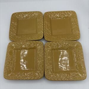 Signature Housewares Stoneware Salad‎ Plates Set 4 Square Embossed 6" Wheat Gold